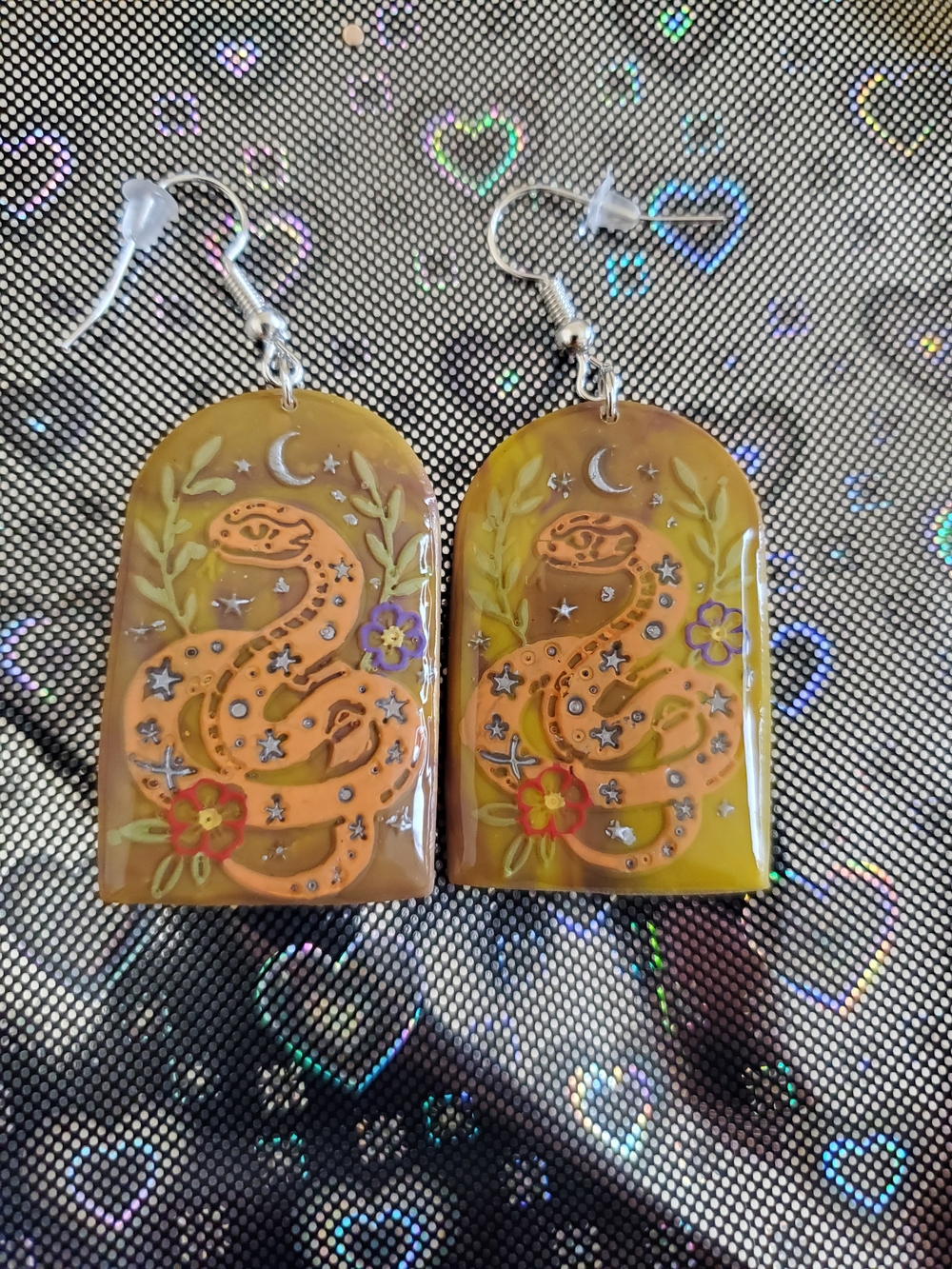 Snake Dangle Earrings with Floral & Celestial Details